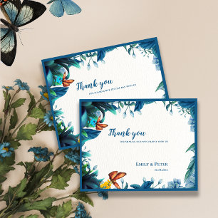 Elegante blaue botanische Schmetterlings-Hochzeits Postkarte