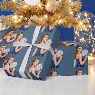 Elegante blaue Brautjungfer-Porträt-Illustration Geschenkpapier