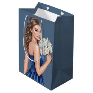 Elegante blaue Brautjungfer-Porträt-Illustration Mittlere Geschenktüte