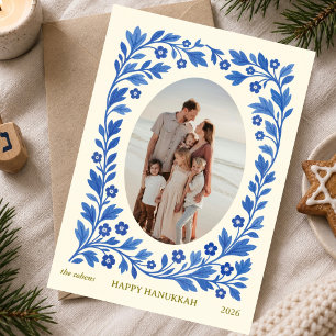 Elegante blaue Chanukka-Familienfotokarte Feiertagskarte
