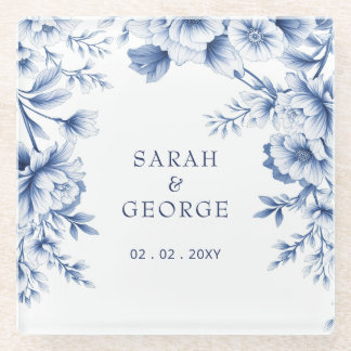 Elegante blaue Chinoiserie-Blumen-Botanik-Hochzeit Glasuntersetzer