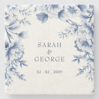Elegante blaue Chinoiserie-Blumen-Botanik-Hochzeit Steinuntersetzer