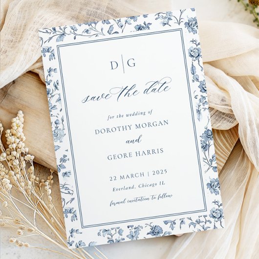 Elegante blaue Chinoiserie-Flat-Save-the-Date-Kart Save The Date