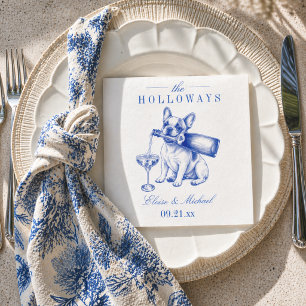 Elegante blaue Chinoiserie Französische Bulldogge Serviette