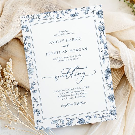 Elegante blaue Chinoiserie-Hochzeit Einladung