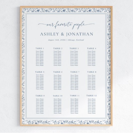 Elegante blaue Chinoiserie-Hochzeitssitzplan Poster