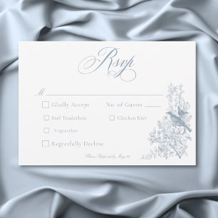 Elegante blaue Chinoiserie Natur & Vögel Hochzeit RSVP Karte