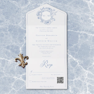 Elegante blaue Chinoiserie-Vogelemblem-Hochzeits-Q All In One Einladung