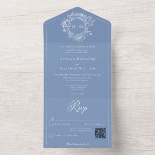 Elegante blaue Chinoiserie-Vogelemblem-Hochzeits-Q All In One Einladung