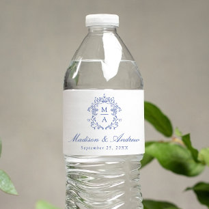 Elegante blaue Chinoiserie-Wappen-Monogramm-Hochze Wasserflaschenetikett