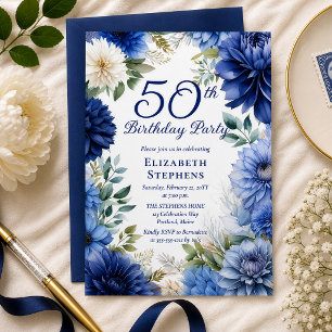 Elegante blaue Dahlie Blumen 50. Geburtstagsfeier Einladung