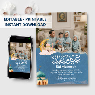 Elegante Blaue Eid Mubarak Familienfoto Feiertagsk Feiertagskarte