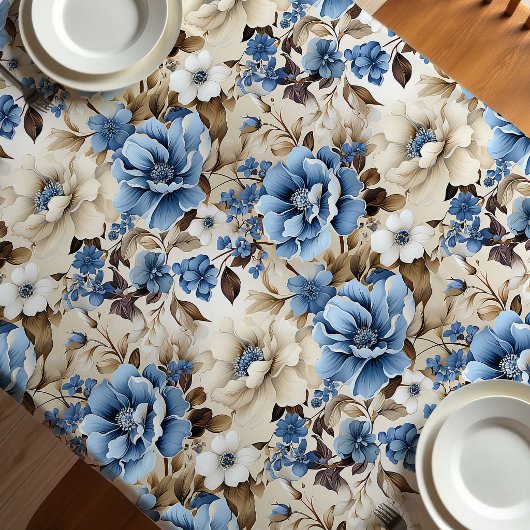 Elegante Blaue Elfenbein Blumen Luxus Tischdecke