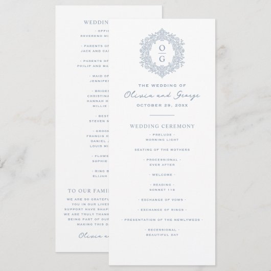 Elegante Blaue Erbstück-Hochzeit Programm (Vorne/Hinten)
