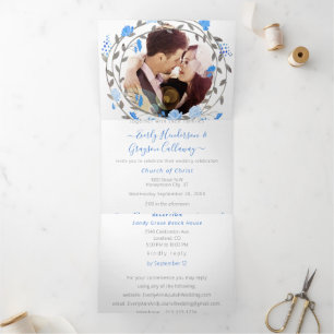 Elegante blaue Erd-Pfingstrose Blumenhochzeit Dreifach Gefaltete Einladung