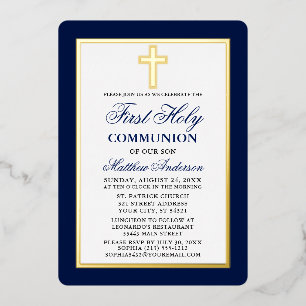 Elegante blaue Erstkommunion-Kreuz mit goldenem Ra Folieneinladung