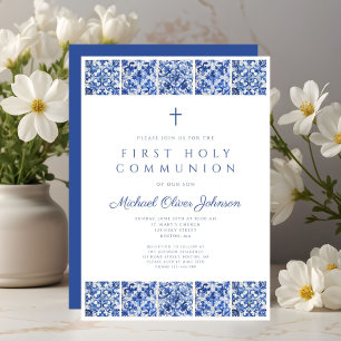 Elegante blaue Fliesen Junge Erste Kommunion Einladung