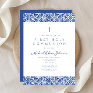 Elegante blaue Fliesen Junge Erste Kommunion Einladung
