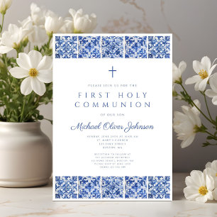 Elegante blaue Fliesen Junge Erste Kommunion Einladung
