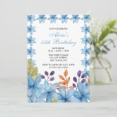 Elegante Blaue Flora Wasserfarbe jedes Alter Gebur Einladung (Stehend Vorderseite)