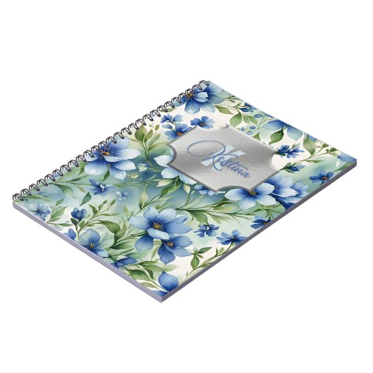 Elegante blaue Flora Wasserfarbe mit silber Plaque Notizblock (Linke Seite)