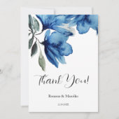 Elegante, blaue Flora Wasserfarben Abstrakte Kunst Dankeskarte (Vorderseite)