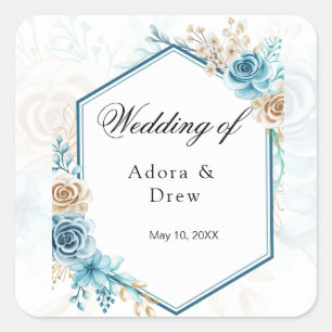 Elegante blaue Floral-Hochzeit Quadratischer Aufkleber