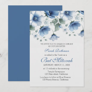 Elegante blaue floral Mädchen Bat Mitzwa Einladung