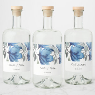 Elegante Blaue Florale Aquarell-Personalisierung Alkoholflaschenetikett