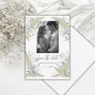 Elegante blaue florale Farne rahmen Foto Save The Date