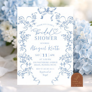 Elegante blaue florale französische Toile-Junggese Einladung