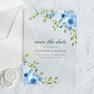 Elegante blaue florale Grünzeug-Hochzeitseinladung Acryleinladungen