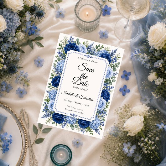 Elegante blaue florale Hochzeit Save The Date