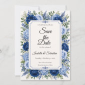 Elegante blaue florale Hochzeit Save The Date (Vorderseite)
