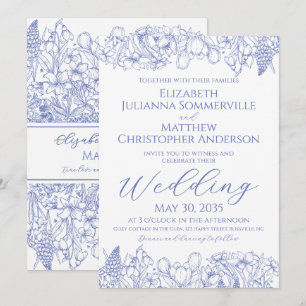 Elegante blaue florale Linienkunst Hochzeit im Vin Einladung