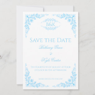 Elegante blaue florale Monogramm-Hochzeitseinladun