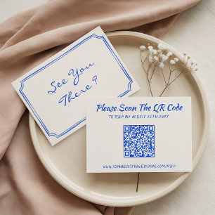 Elegante blaue florale QR-Code-Hochzeit RSVP Karte
