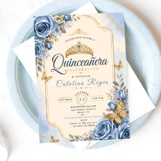 Elegante blaue florale Quinceañera Einladung