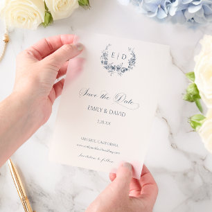 Elegante blaue florale Toile-Krone Save the Date Pergament Einladungen