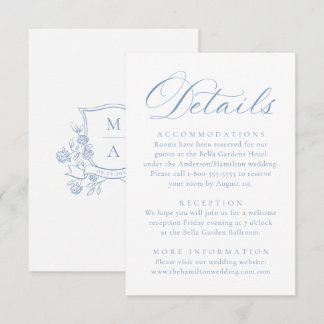 Elegante blaue florale Wappen-Monogramm-Hochzeitsd Begleitkarte
