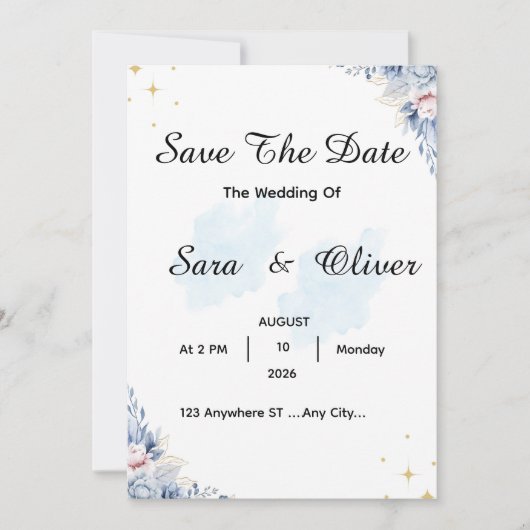 Elegante Blaue Florale Wasserfarbe Save The Date (Vorderseite)