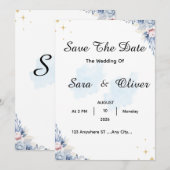 Elegante Blaue Florale Wasserfarbe Save The Date (Vorne/Hinten)
