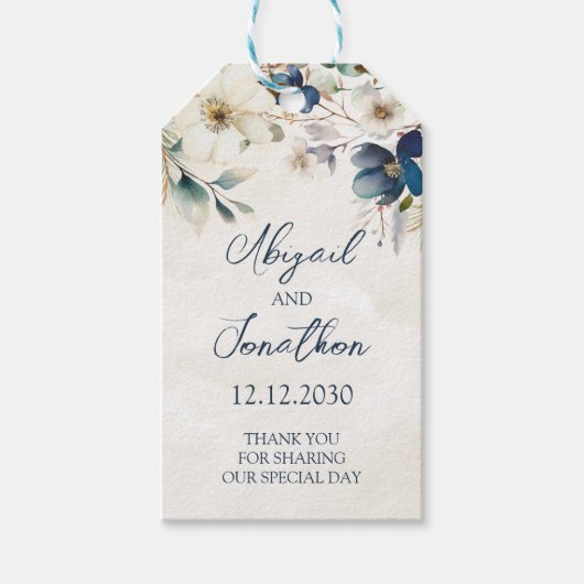 Elegante blaue florale Winterhochzeit Geschenkanhänger (Vorderseite)