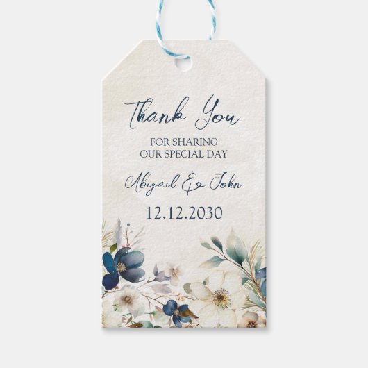 Elegante blaue florale Winterhochzeit Geschenkanhänger (Vorderseite)