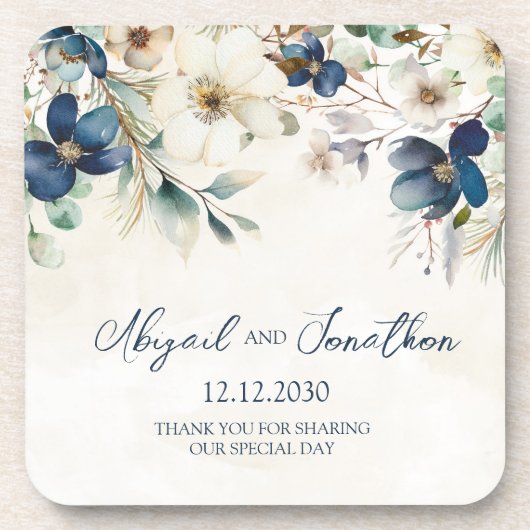 Elegante blaue florale Winterhochzeit Getränkeuntersetzer (Vorderseite)