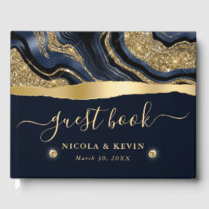 Elegante Blaue Folie und Gold Glitter Agat Hochzei Gästebuch