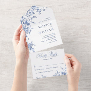 Elegante blaue Frankreich-Gartenblumen-Hochzeit All In One Einladung