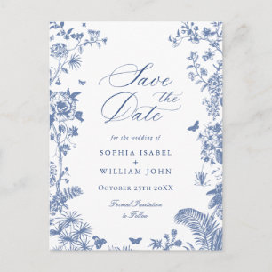 Elegante blaue französische Toile Hochzeit Save-th Postkarte