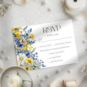 Elegante Blaue Gelbe Wilde Blumen Hochzeitsmahlzei RSVP Karte