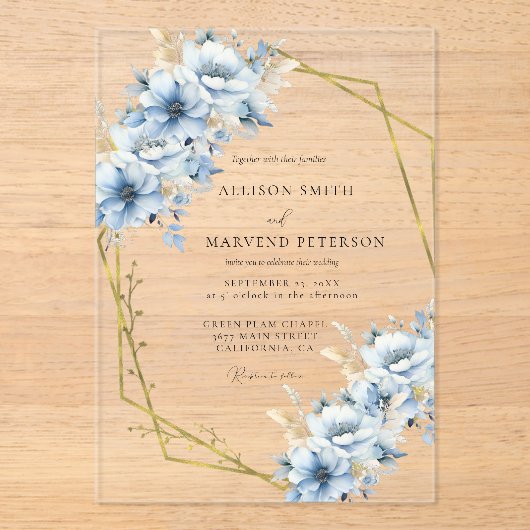 Elegante blaue, geometrische Rahmen Blütenhochzeit Acryleinladungen (Vorderseite)